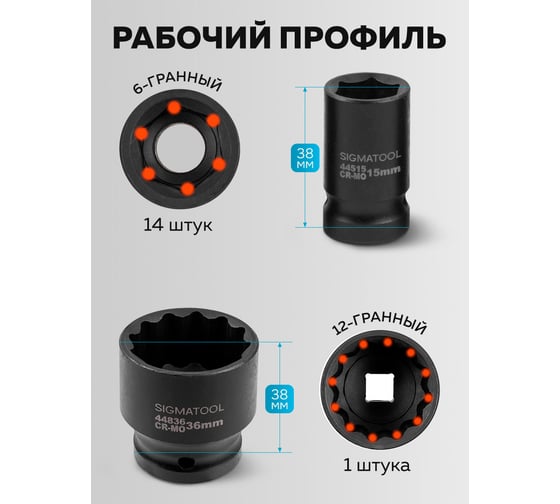 Набор головок ударных глубоких SIGMATOOL 16 предметов 1/2DR Sigmatool-4177-5MPB(65467)