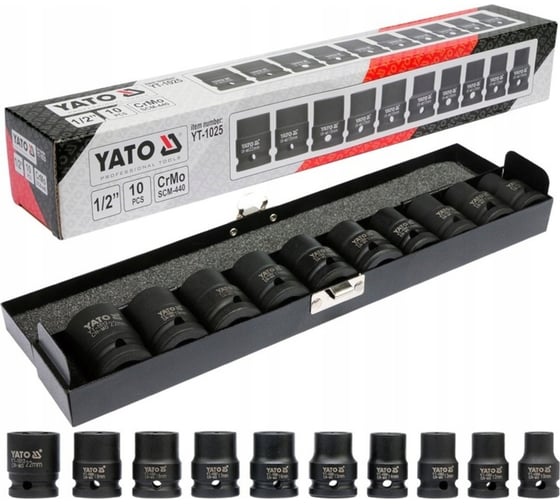 Набор торцевых ударных головок 10 шт, 1/2", 10-22 мм YATO YT-1025 1