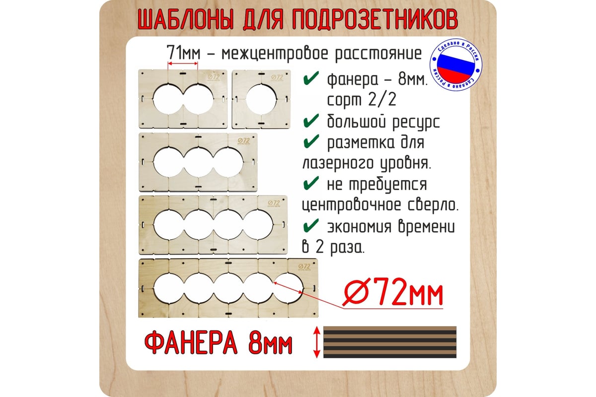 Комплект шаблонов для сверления подрозетников (5 шт; диаметр 72 мм; толщина  8 мм) РОТОР shablon72