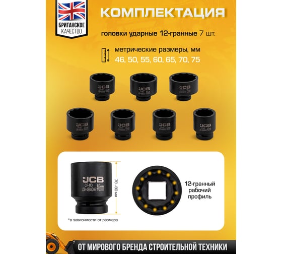 Головки ударные 12-гранные JCB набор 7 предметов, 1DR JCB-8071-9MPB(65107)
