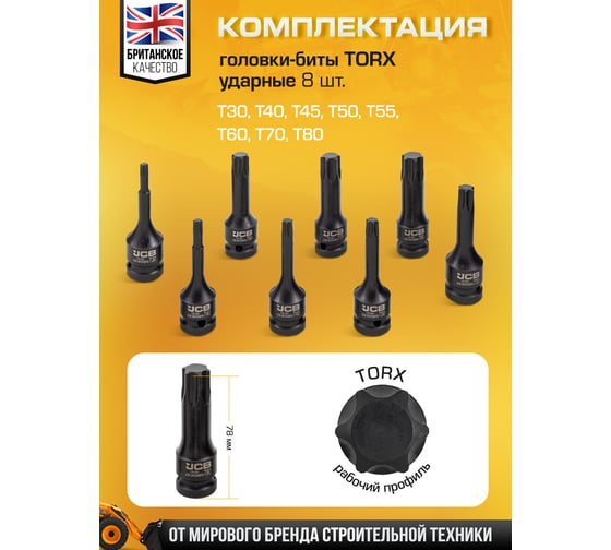 Набор головок-бит JCB TORX ударных 8 предметов 1/2 JCB-4088MPB(60977)