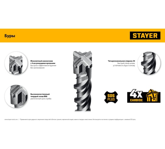 Бур STAYER Hercules-4Х 4x110 мм, SDS-plus 29290-110-04