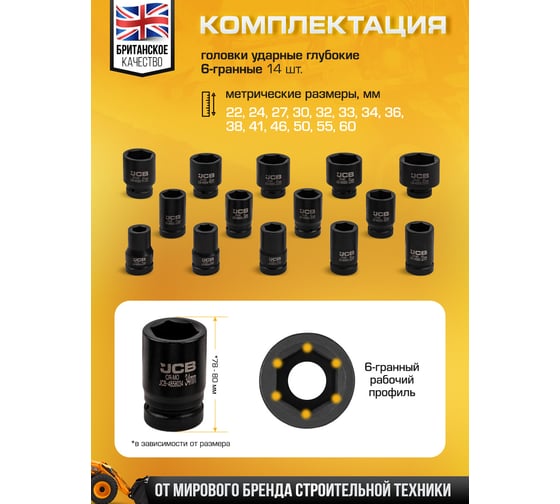 Набор головок ударных глубоких JCB 1DR, 14 предметов (6гр.) (22,24,27,30,32,33,34,36,38,41,46,50,55,60мм) JCB-8152-5MPB(64928)