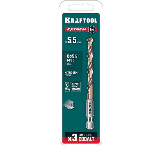 Сверло по металлу для винтовертов и шуруповертов KRAFTOOL Impact Ready НЕХ-1/4, 5.5x98 мм 29652-5.5 1