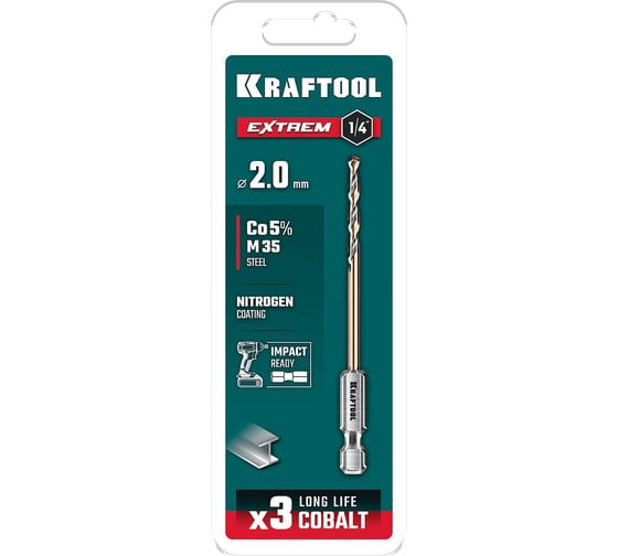 Сверло по металлу для винтовертов и шуруповертов KRAFTOOL Impact Ready НЕХ-1/4, 2,0x60 мм 29652-2 1