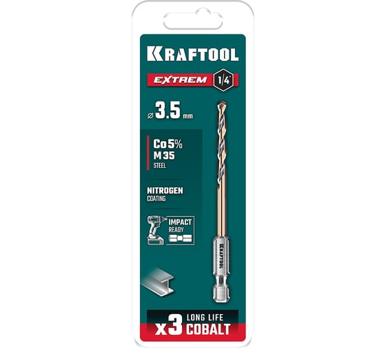 Сверло по металлу для винтовертов и шуруповертов KRAFTOOL Impact Ready НЕХ-1/4, 3.5x79 мм 29652-3.5 1