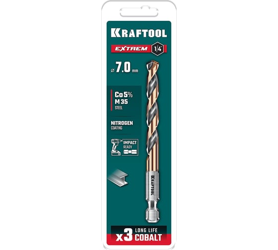 Сверло по металлу для винтовертов и шуруповертов KRAFTOOL Impact Ready НЕХ-1/4, 7.0x109 мм 29652-7 1