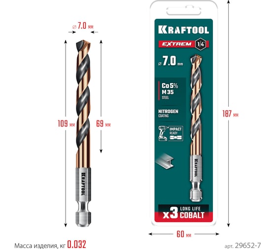Сверло по металлу для винтовертов и шуруповертов KRAFTOOL Impact Ready НЕХ-1/4, 7.0x109 мм 29652-7