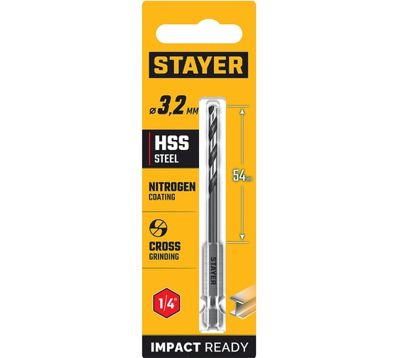 Сверло по металлу для винтовертов и шуруповертов STAYER Impact Ready НЕХ-1/4, 3.2x89 мм 29603-3.2