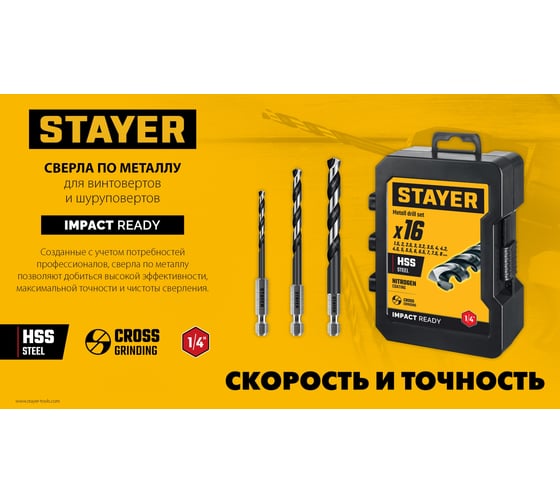 Сверло по металлу для винтовертов и шуруповертов STAYER Impact Ready НЕХ-1/4, 3.2x89 мм 29603-3.2