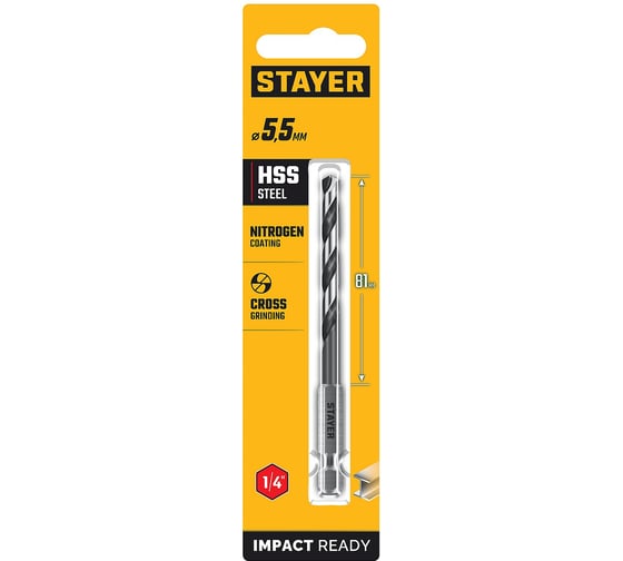 Сверло по металлу для винтовертов и шуруповертов STAYER Impact Ready НЕХ-1/4, 5.5x116 мм 29603-5.5