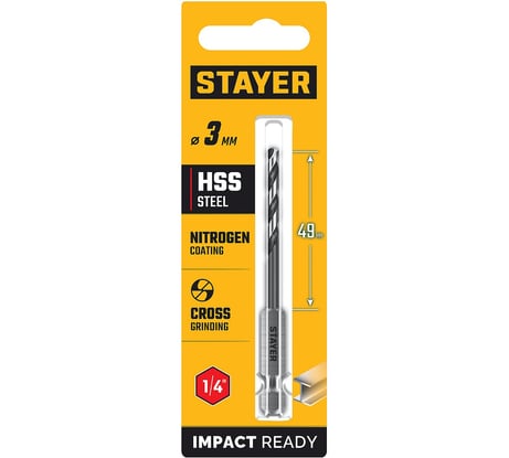 Сверло по металлу для винтовертов и шуруповертов STAYER Impact Ready НЕХ-1/4, 3.0x84 мм 29603-3