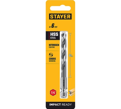 Сверло по металлу для винтовертов и шуруповертов STAYER Impact Ready НЕХ-1/4, 6.0x116 мм 29603-6