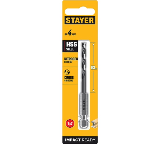Сверло по металлу для винтовертов и шуруповертов STAYER Impact Ready НЕХ-1/4, 4.0x98 мм 29603-4