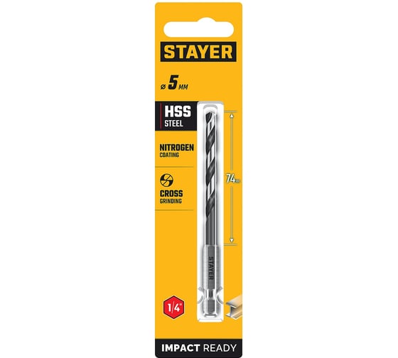 Сверло по металлу для винтовертов и шуруповертов STAYER Impact Ready НЕХ-1/4, 5.0x109 мм 29603-5
