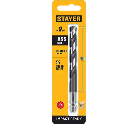 Сверло по металлу для винтовертов и шуруповертов STAYER Impact Ready НЕХ-1/4, 9.0x125 мм 29603-9 1