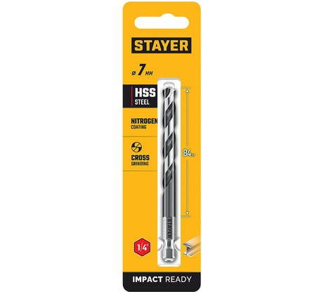 Сверло по металлу для винтовертов и шуруповертов STAYER Impact Ready НЕХ-1/4, 7.0x109 мм 29603-7