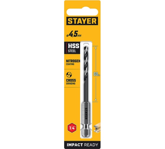 Сверло по металлу для винтовертов и шуруповертов STAYER Impact Ready НЕХ-1/4, 4.5x103 мм 29603-4.5