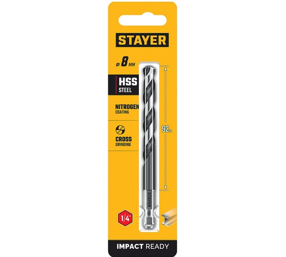 Сверло по металлу для винтовертов и шуруповертов STAYER Impact Ready НЕХ-1/4, 8.0x117 мм 29603-8 1