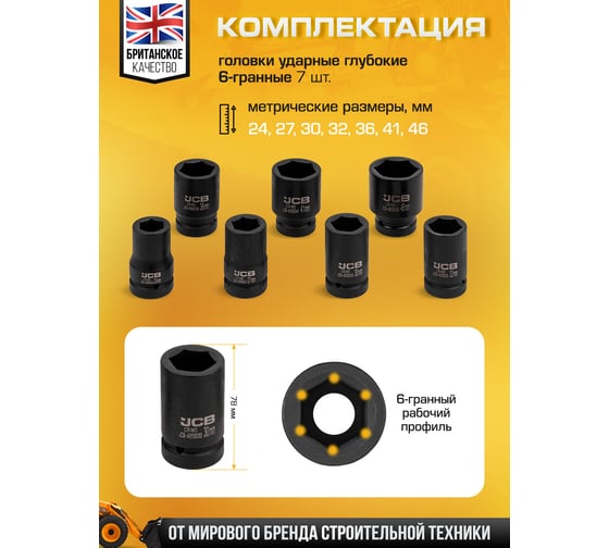 Головки ударные глубокие 6-гранные JCB набор 7 предметов, 1DR JCB-8072-5MPB(65103)
