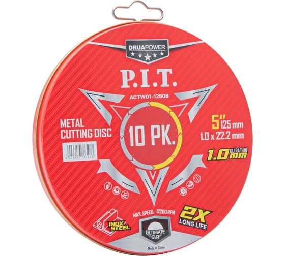Диск отрезной по металлу и нержавеющей стали P.I.T. DRUA 125x22.2x1 мм, 10 шт, метал. бокс ACTW01-1250B