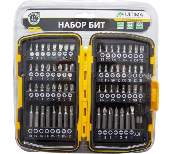 Набор бит, магнитный адаптер ULTIMA CrV, в пластиковом боксе 64шт 123011