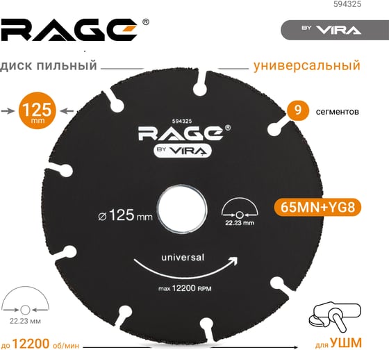 Диск отрезной универсальный 125 мм для УШМ RAGE by VIRA 594325