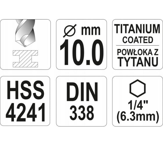 Сверло YATO по металлу HSS-TiN 10,0мм с хвостовиком HEX YT-44772 3624024772092 1