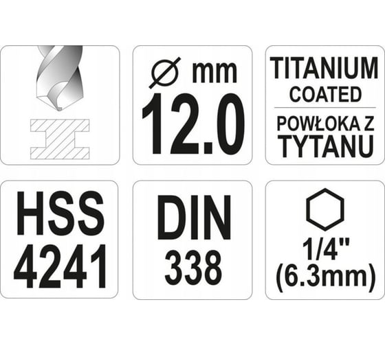 Сверло YATO по металлу HSS-TiN 12,0мм с хвостовиком HEX YT-44774 3624024774092 1