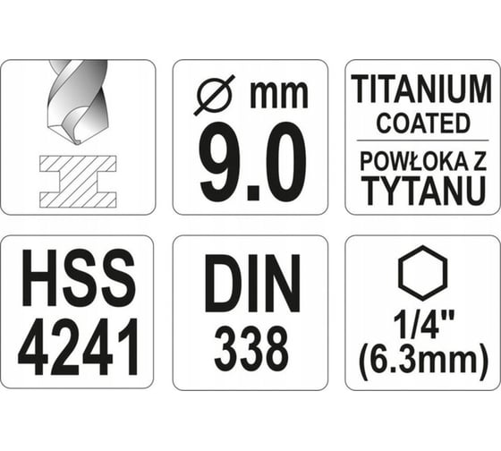 Сверло по металлу HSS-TiN 9.0 мм с хвостовиком HEX1/4 YATO YT-44770