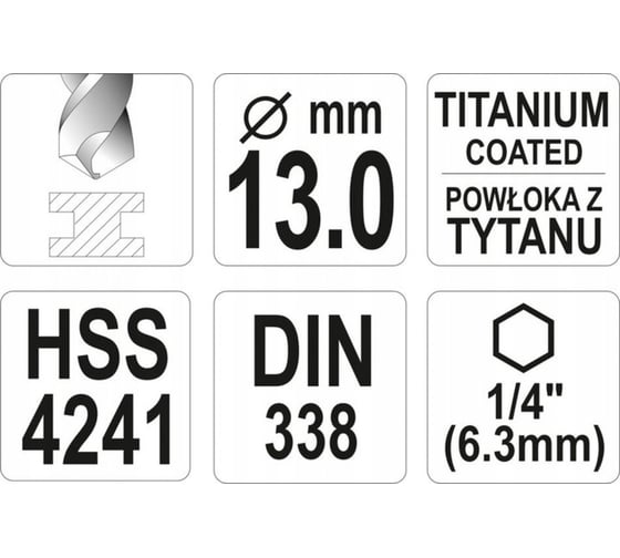 Сверло по металлу HSS-TiN 13.0 мм с хвостовиком HEX1/4 YATO YT-44776