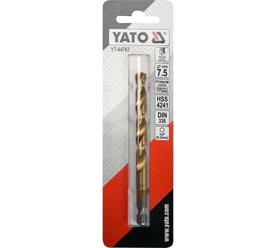 Сверло по металлу HSS-TiN 7.5 мм с хвостовиком HEX1/4 YATO YT-44767