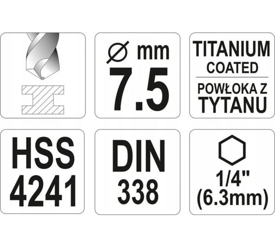 Сверло по металлу HSS-TiN 7.5 мм с хвостовиком HEX1/4 YATO YT-44767