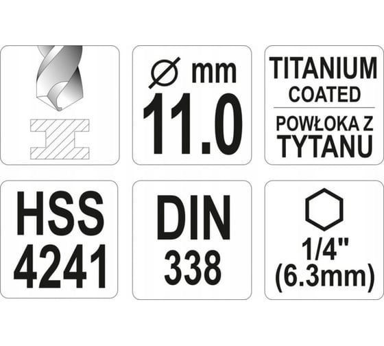 Сверло по металлу HSS-TiN 11.0 мм с хвостовиком HEX1/4 YATO YT-44773