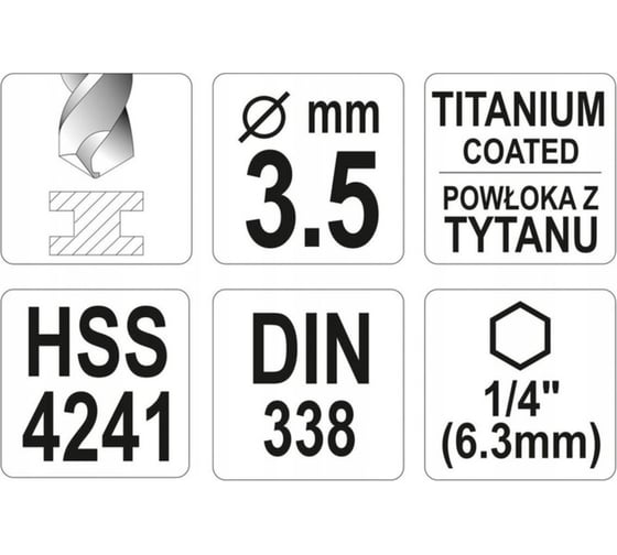 Сверло по металлу HSS-TiN 3.5 мм с хвостовиком HEX1/4 YATO YT-44756