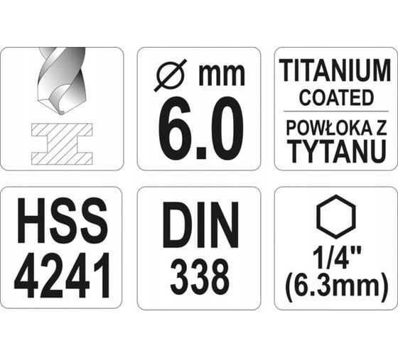 Сверло по металлу HSS-TiN 6.0 мм с хвостовиком HEX1/4 YATO YT-44764