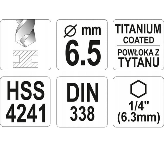 Сверло по металлу HSS-TiN 6.5 мм с хвостовиком HEX1/4 YATO YT-44765