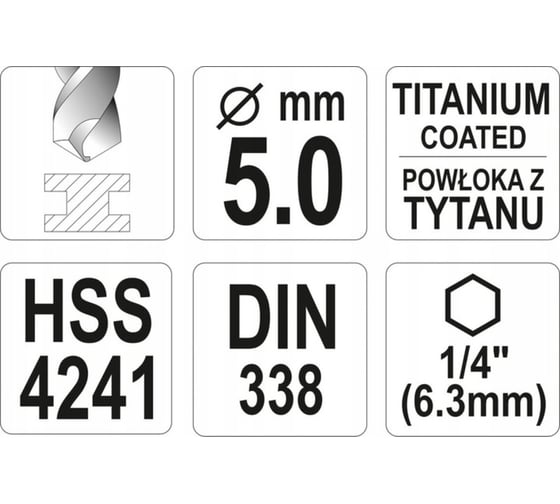 Сверло YATO по металлу HSS-TiN 5,0мм с хвостовиком HEX YT-44761 3624024761092 1