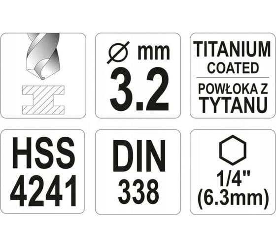 Сверло по металлу HSS-TiN 3.2 мм с хвостовиком HEX1/4 YATO YT-44755