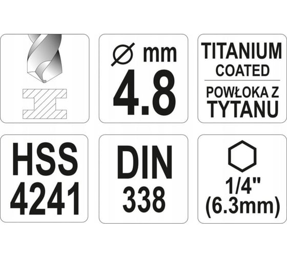 Сверло по металлу HSS-TiN 4.8 мм с хвостовиком HEX1/4 YATO YT-44760