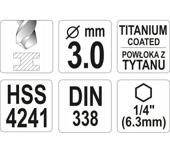 Сверло по металлу HSS-TiN 3.0 мм с хвостовиком HEX1/4 YATO YT-44754