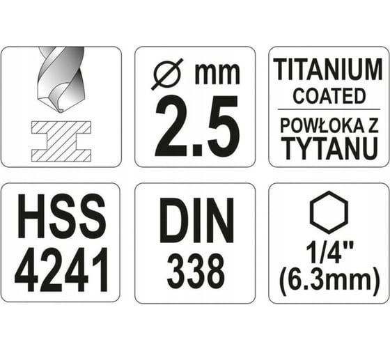 Сверло по металлу HSS-TiN 2.5 мм с хвостовиком HEX1/4 YATO YT-44752