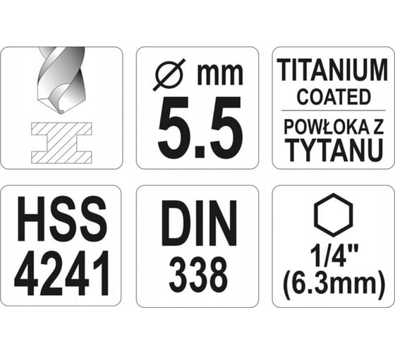 Сверло по металлу HSS-TiN 5.5 мм с хвостовиком HEX1/4 YATO YT-44763