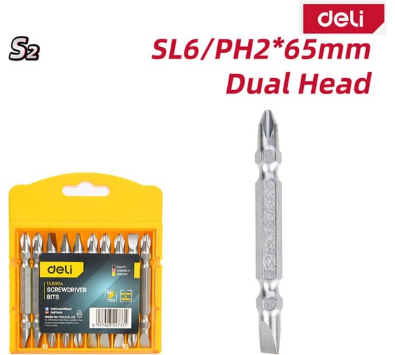 Набор двухсторонних бит Deli SL6/PH2x65мм 10 шт DL6904 сталь S2, твердость 58-60HRC, пласт.кейс 183621