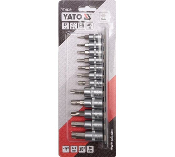 Набор головок-бит YATO TORX 1/4" Т8-Т30 3/8" Т40-Т55 12 предметов на металлической планке YT-04331 371404331 092 1