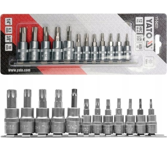 Набор головок-бит YATO TORX 1/4" Т8-Т30 3/8" Т40-Т55 12 предметов на металлической планке YT-04331 371404331 092 1