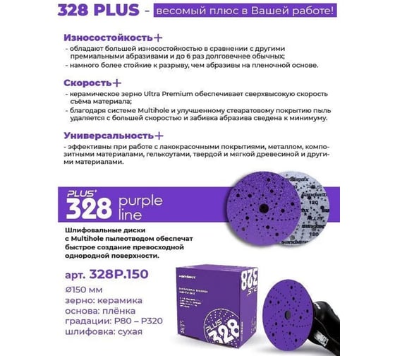Диск шлифовальный на пленочной основе SANDWOX 328 PLUS Purple Ceramic Multi holes (150мм, Р80, 50шт) 328P.150.080.LC