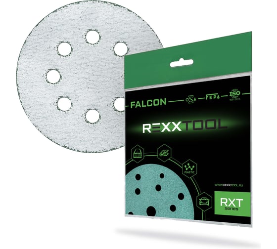 Шлифовальный круг абразивный на липучке REXXTOOL FALCON 125мм, 8 отв., 10 штук, P60 RXT-FALCON-125-8-60