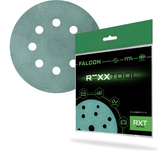 Шлифовальный круг абразивный на липучке REXXTOOL FALCON 125мм, 8 отв., 10 штук, P80 RXT-FALCON-125-8-80