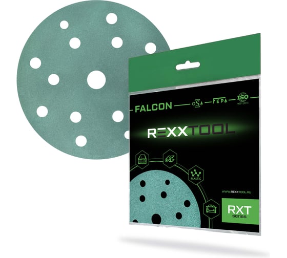 Шлифовальный круг абразивный на липучке REXXTOOL FALCON 150мм, 15 отв., 10 штук, P150 RXT-FALCON-150-15-150